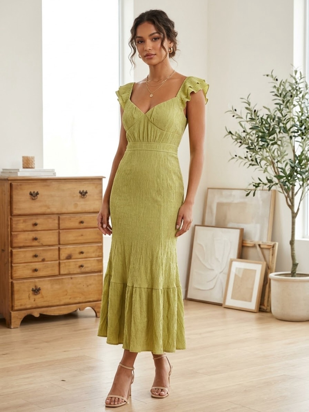 Blu Pepper Sage Green Flutter-Sleeve Midi Dress